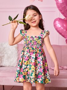SHEIN Toddler Girls Floral Print Ruffle Trim Dress - Multicolor - View 4