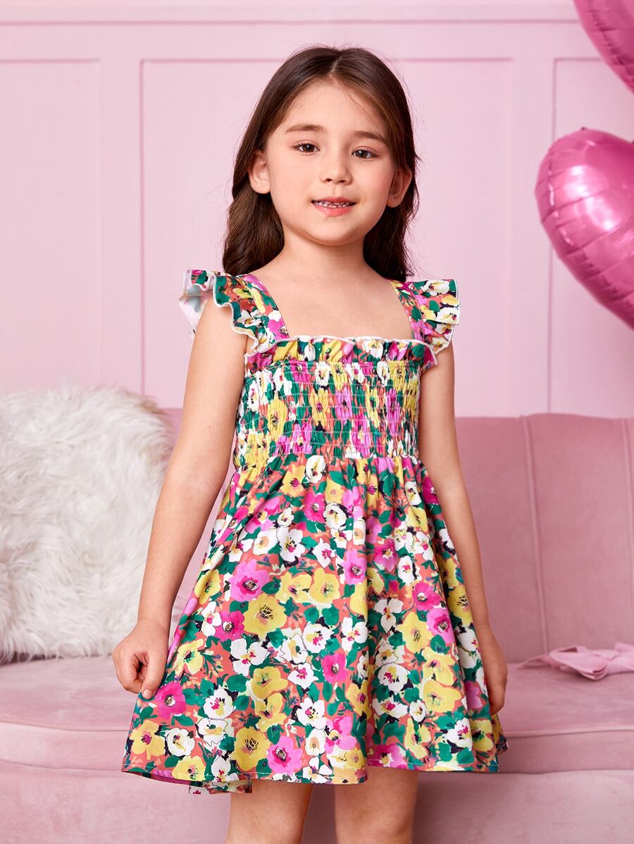 SHEIN Toddler Girls Floral Print Ruffle Trim Dress - Multicolor - View 1