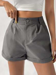 SHEIN EZwear 褶皺反摺褲腳闊腿短褲 - 灰色 - 查看 1