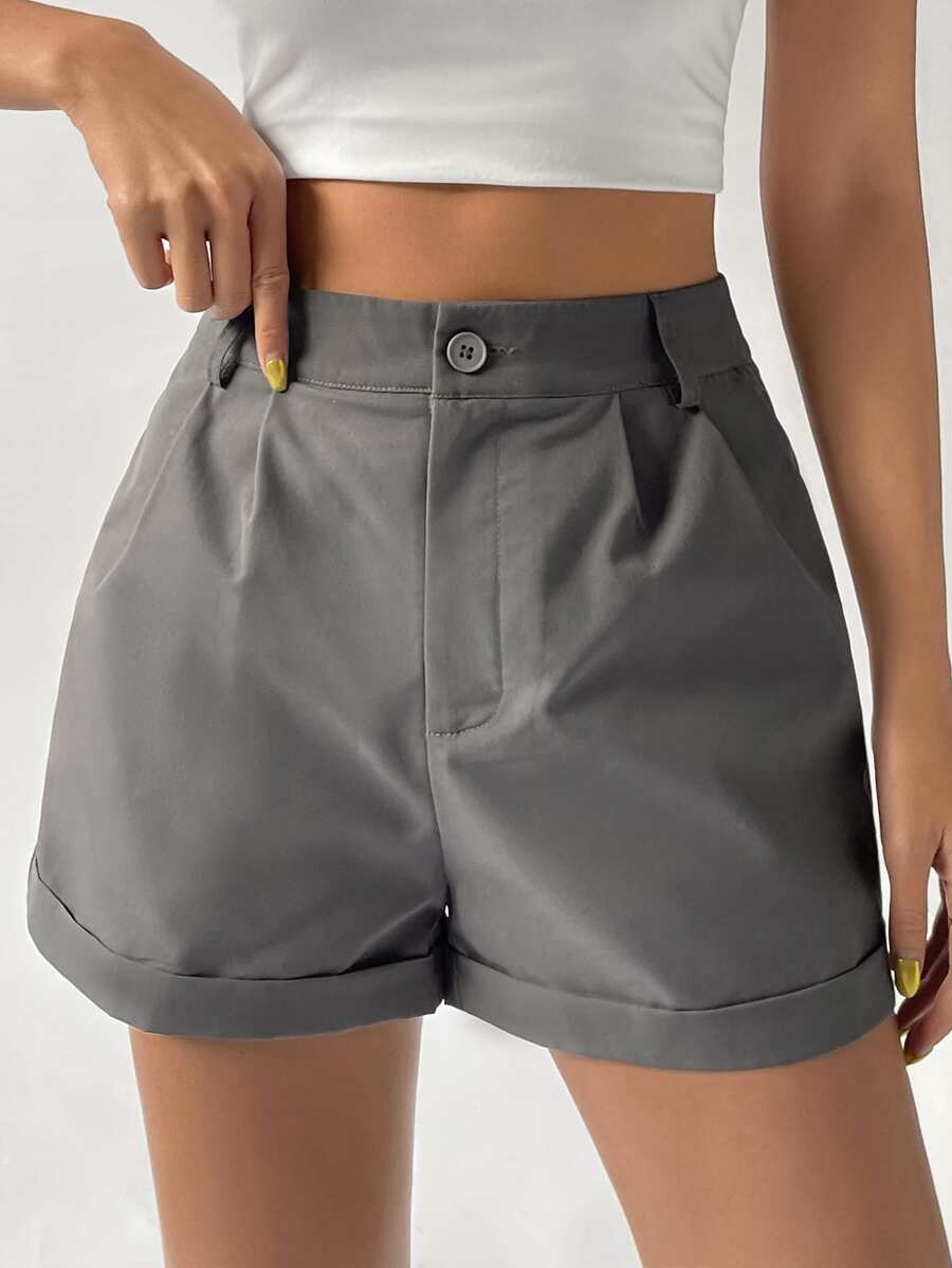 SHEIN EZwear 褶皺反摺褲腳闊腿短褲 - 灰色 - 查看 1