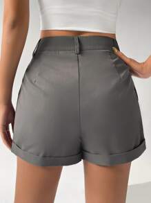 SHEIN EZwear 褶皺反摺褲腳闊腿短褲 - 灰色 - 查看 2