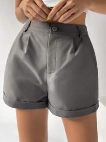 SHEIN EZwear 褶皺反摺褲腳闊腿短褲 - 灰色 - 查看 5