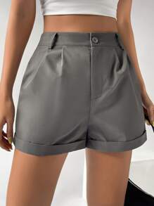 SHEIN EZwear 褶皺反摺褲腳闊腿短褲 - 灰色 - 查看 6