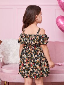 Young Girl's Floral Patterned Casual Holiday Dress, Decorated With Ruffle Trim And A Spaghetti Strap - Multicolor - View 2