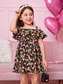 Young Girl's Floral Patterned Casual Holiday Dress, Decorated With Ruffle Trim And A Spaghetti Strap - Multicolor - View 3