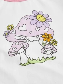 SHEIN MOD 蘑菇和印花撞色滾邊短款T恤 - 白色 - 查看 3