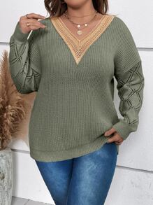 SHEIN LUNE Plus Guipure Lace Panel Drop Shoulder Jumper - Army Green - View 1