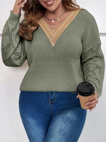 SHEIN LUNE Plus Guipure Lace Panel Drop Shoulder Jumper - Army Green - View 4