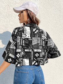 SHEIN EZwear 字母圖案落肩袖短款襯衫 - 黑色 - 查看 3