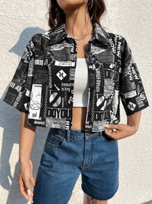 SHEIN EZwear 字母圖案落肩袖短款襯衫 - 黑色 - 查看 6