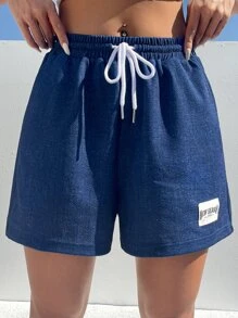 SHEIN EZwear Quần đùi nữ Dây kéo Đắp vá Túi Lá thư Giải trí - Màu xanh lam - Xem 1