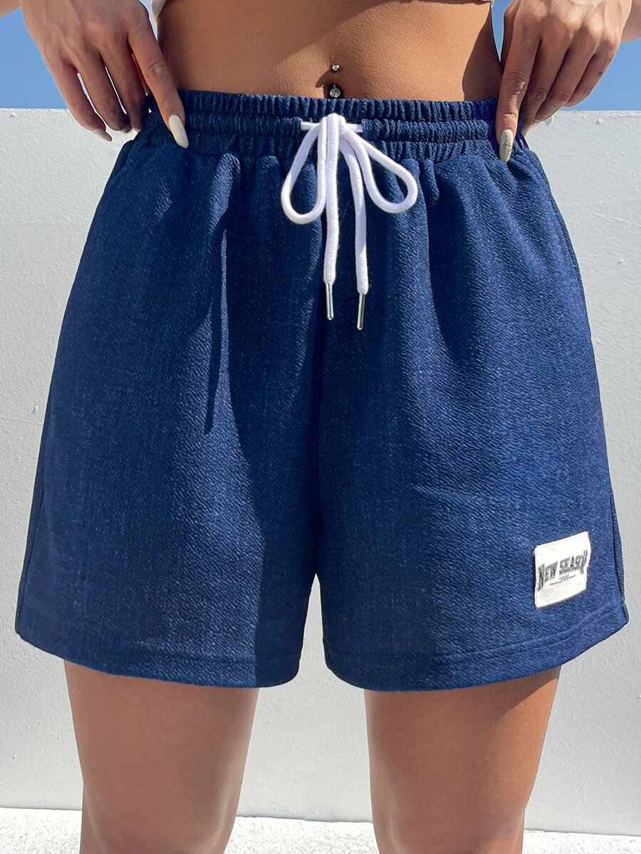 SHEIN EZwear Quần đùi nữ Dây kéo Đắp vá Túi Lá thư Giải trí - Màu xanh lam - Xem 1