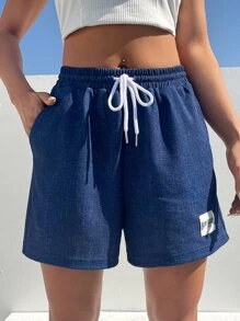 SHEIN EZwear Quần đùi nữ Dây kéo Đắp vá Túi Lá thư Giải trí - Màu xanh lam - Xem 4