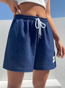 SHEIN EZwear Quần đùi nữ Dây kéo Đắp vá Túi Lá thư Giải trí - Màu xanh lam - Xem 6