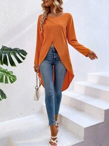 SHEIN LUNE Solid Tulip Hem Blouse - Orange - View 4