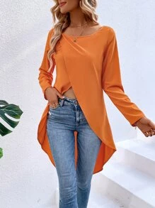 SHEIN LUNE Solid Tulip Hem Blouse - Orange - View 1