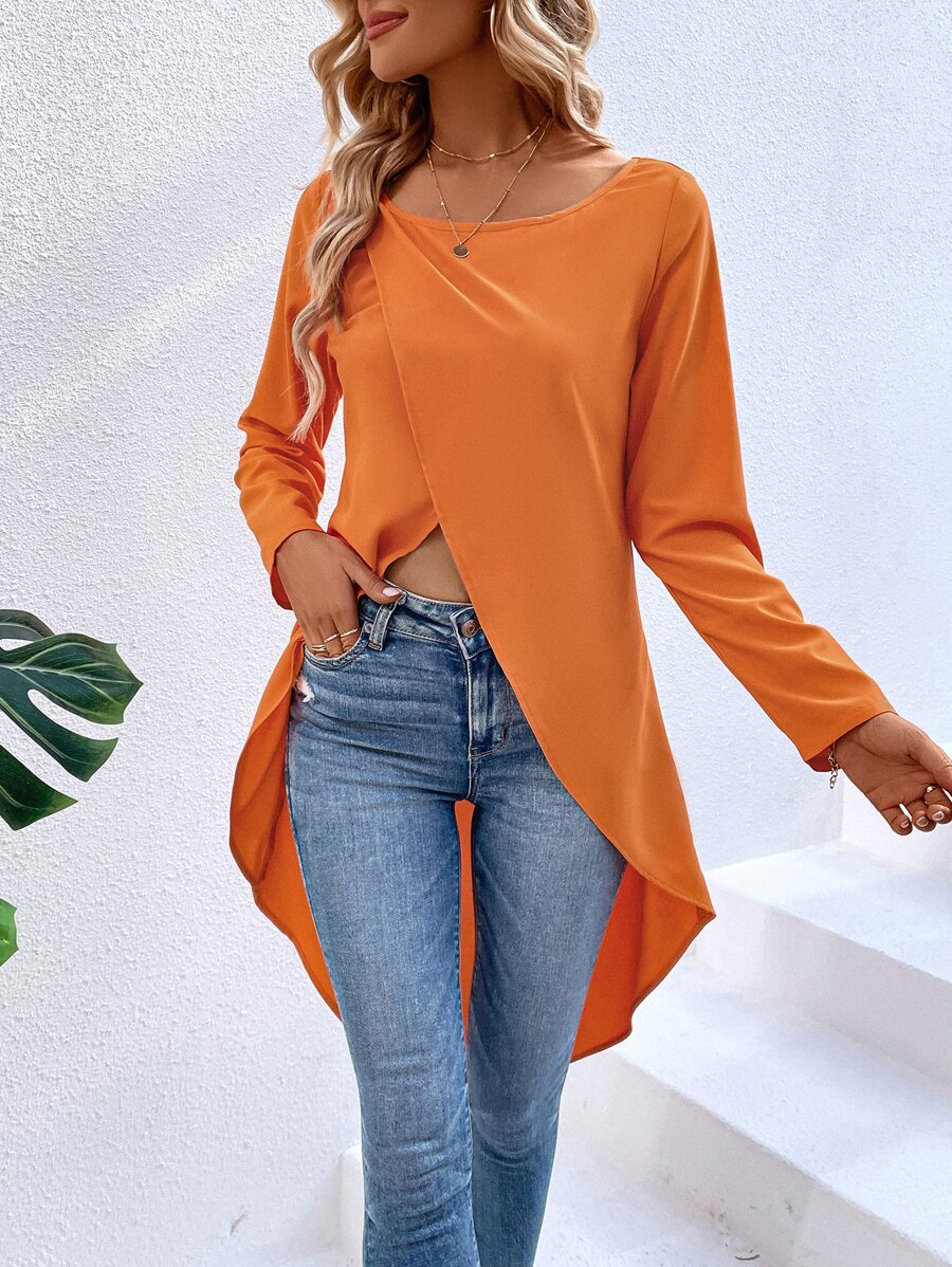 SHEIN LUNE Solid Tulip Hem Blouse - Orange - View 1
