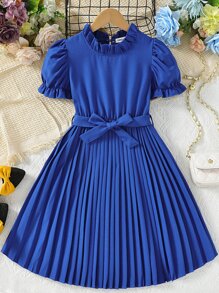 女孩褶邊領百褶下擺泡泡袖繫腰帶連衣裙 - 藍色 - 查看 1