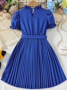 女孩褶邊領百褶下擺泡泡袖繫腰帶連衣裙 - 藍色 - 查看 2