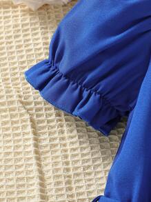 女孩褶邊領百褶下擺泡泡袖繫腰帶連衣裙 - 藍色 - 查看 4