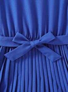 女孩褶邊領百褶下擺泡泡袖繫腰帶連衣裙 - 藍色 - 查看 5