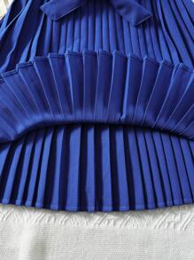 女孩褶邊領百褶下擺泡泡袖繫腰帶連衣裙 - 藍色 - 查看 6