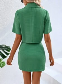 SHEIN Privé Lapel Neck Blazer & Bodycon Skirt - Green - View 3