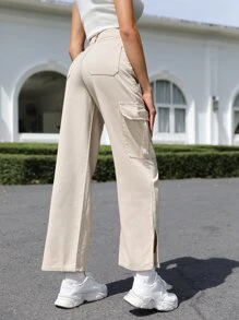 High Waist Flap Pocket Side Cargo Jeans - Khaki - View 3