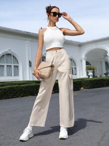 High Waist Flap Pocket Side Cargo Jeans - Khaki - View 4