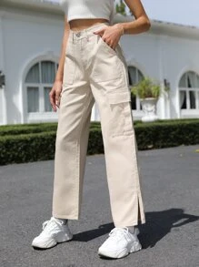 High Waist Flap Pocket Side Cargo Jeans - Khaki - View 2