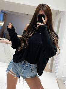 DAZY 女士休闲镂空设计扭纹后背纯色 T 恤，春秋季，露背长袖女上衣，秋季女装 - 黑色 - 查看 5