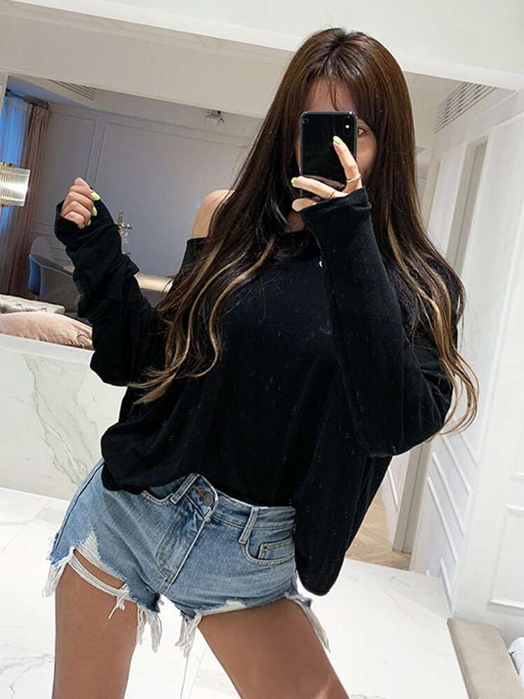 DAZY Camiseta de mujer de unicolor con diseño de espalda retorcida y calado, para primavera y otoño. Top halter de manga larga para mujer, ropa de mujer para otoño - Negro - Añade 5