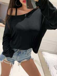 DAZY 女士休闲镂空设计扭纹后背纯色 T 恤，春秋季，露背长袖女上衣，秋季女装 - 黑色 - 查看 6