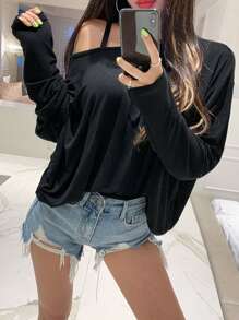 DAZY 女士休闲镂空设计扭纹后背纯色 T 恤，春秋季，露背长袖女上衣，秋季女装 - 黑色 - 查看 8