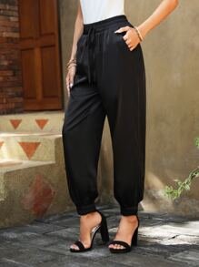 SHEIN Clasi Pantalones unicolor con bolsillo oblicuo de cintura con cordón - Negro - Ver 3