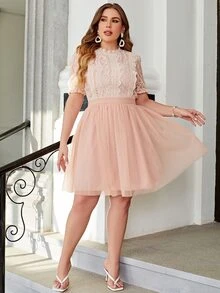 Simplee Đầm Plus Size Tương phản ren Dây kéo màu trơn Thanh lịch - Màu Hồng  San hô - Xem 3