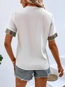 SHEIN LUNE Contrast Sequin V Neck Blouse - White - View 5