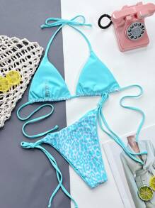 Swim SXY 2pcs/Set 2025 Women Summer Beach Leopard Print Halter Tie Sexy Bikini Swimwear Set (Random Print), Micro Triangle