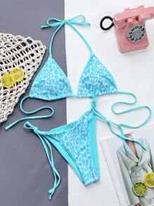 Swim SXY 2pcs/Set 2025 Women Summer Beach Leopard Print Halter Tie Sexy Bikini Swimwear Set (Random Print), Micro Triangle