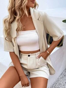 SHEIN LUNE Double Breasted Blazer & Shorts - Apricot - View 5