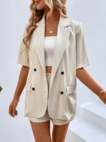 SHEIN LUNE Double Breasted Blazer & Shorts - Apricot - View 6
