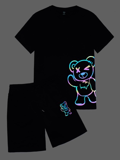 Guys Reflective Bear Print Tee & Shorts