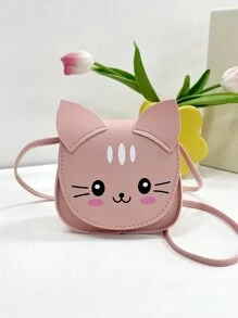1pc Young Girls' Pu Leather Cute Cat Pattern Crossbody Bag With Flap Closure, Perfect For Daily Use - Pink - View 1