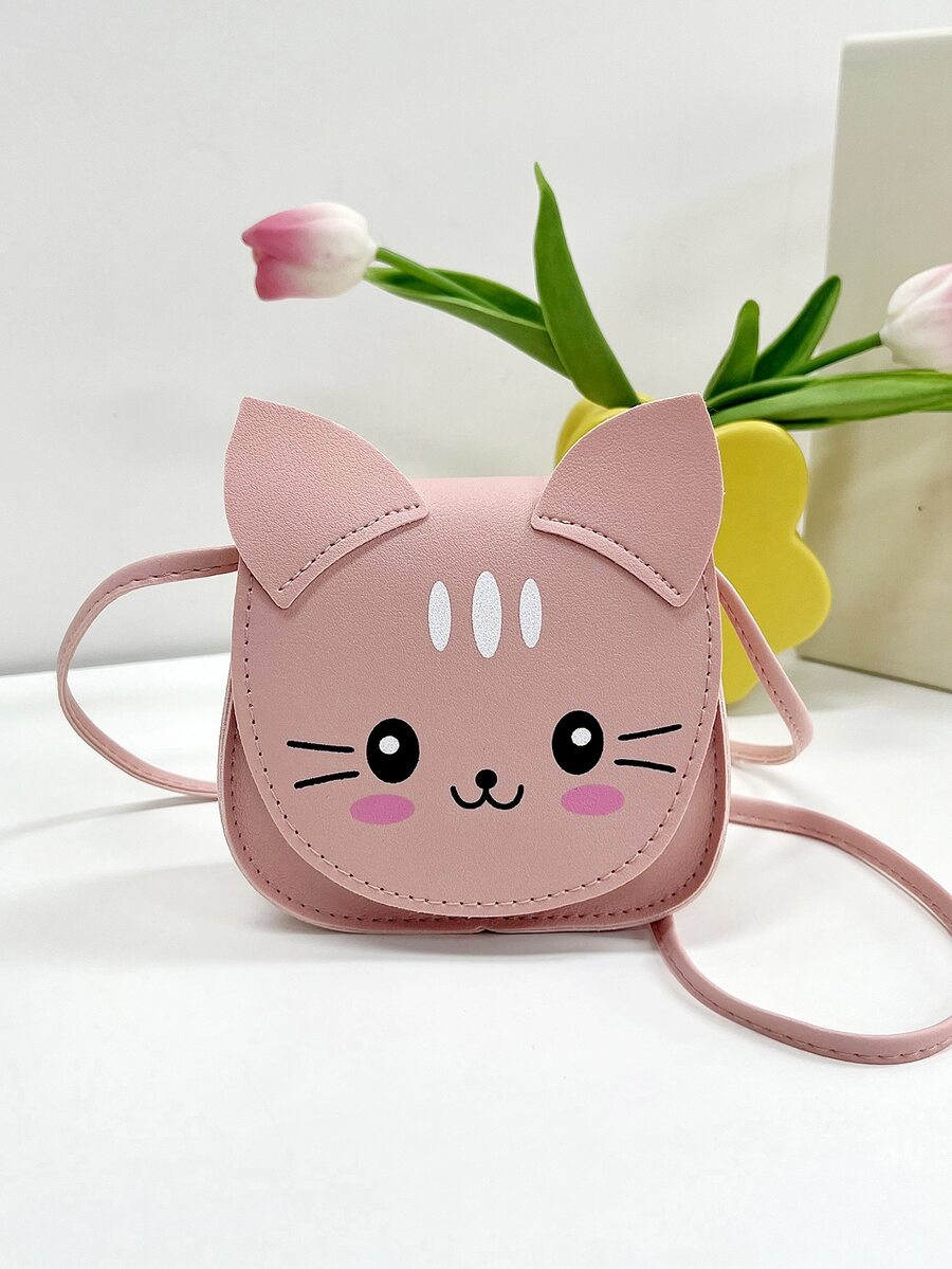 1pc Young Girls' Pu Leather Cute Cat Pattern Crossbody Bag With Flap Closure, Perfect For Daily Use - Pink - View 1