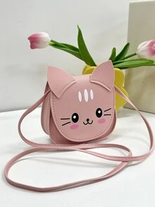 1pc Young Girls' Pu Leather Cute Cat Pattern Crossbody Bag With Flap Closure, Perfect For Daily Use - Pink - View 3