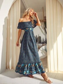 S BETRO Vestido con estampado floral de hombros descubiertos bajo con fruncido