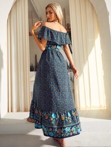 S BETRO Vestido con estampado floral de hombros descubiertos bajo con fruncido