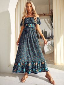 S BETRO Vestido con estampado floral de hombros descubiertos bajo con fruncido