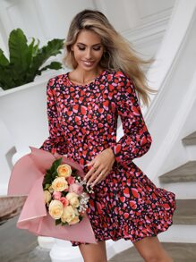 SHEIN VCAY Vestido con estampado de corazón bajo con fruncido con diseño de nudo - Negro - Ver 4