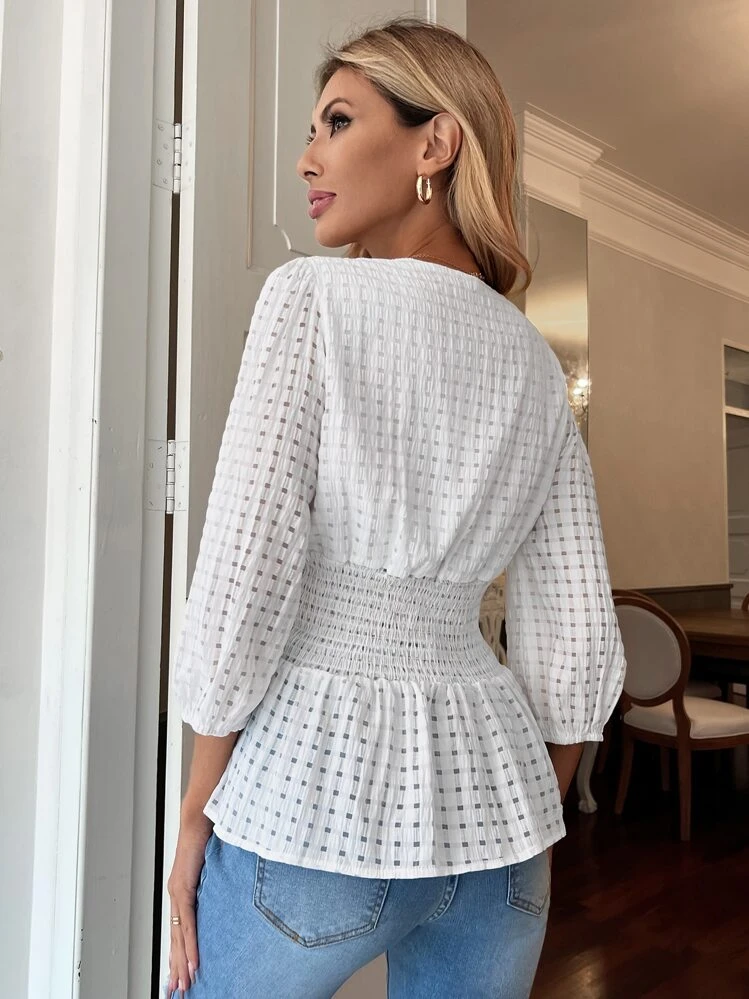 SHEIN ChicEase 深 V 领 灯笼袖 荷叶边衬衫 荷叶边上衣 - 白色 - 查看 2